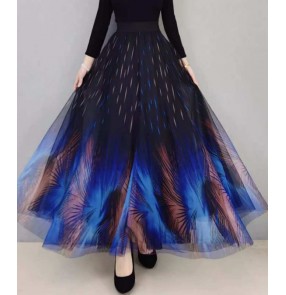 Blue with black tulle ballroom dance skirts for women girls waltz tango ballroom Flamenco dancing swing skirts for female
